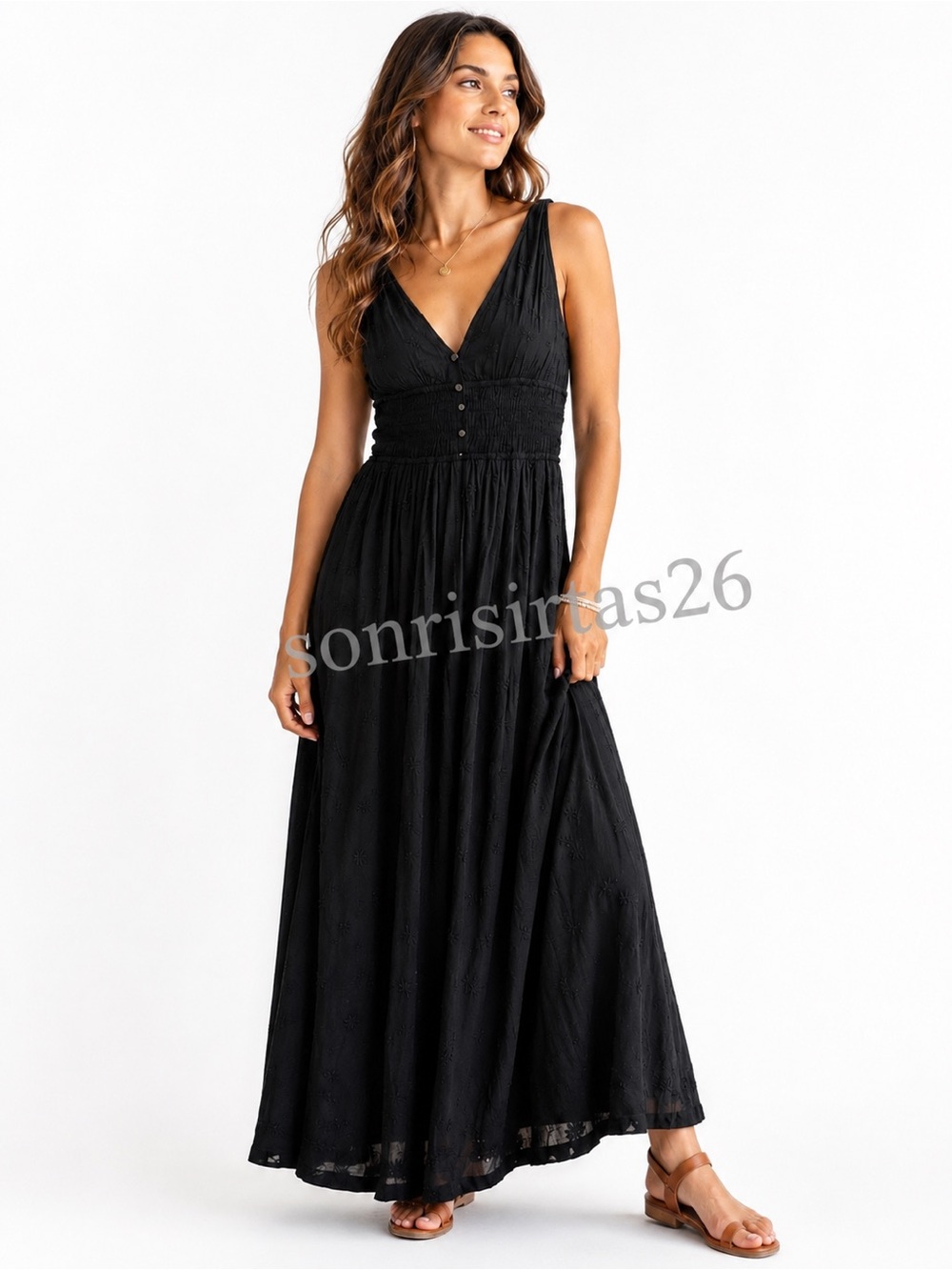 Lucky Brand Black Embroidered V-Neck Smocked Waist Midi Dress Boho Cottagecore